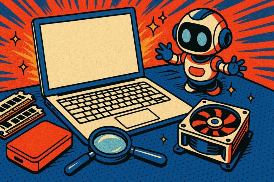 Illustration pop-art : un ordinateur portable ouvert entouré de barrettes mémoire, d'un disque dur et d'un ventilateur, un petit robot rétro penché dessus