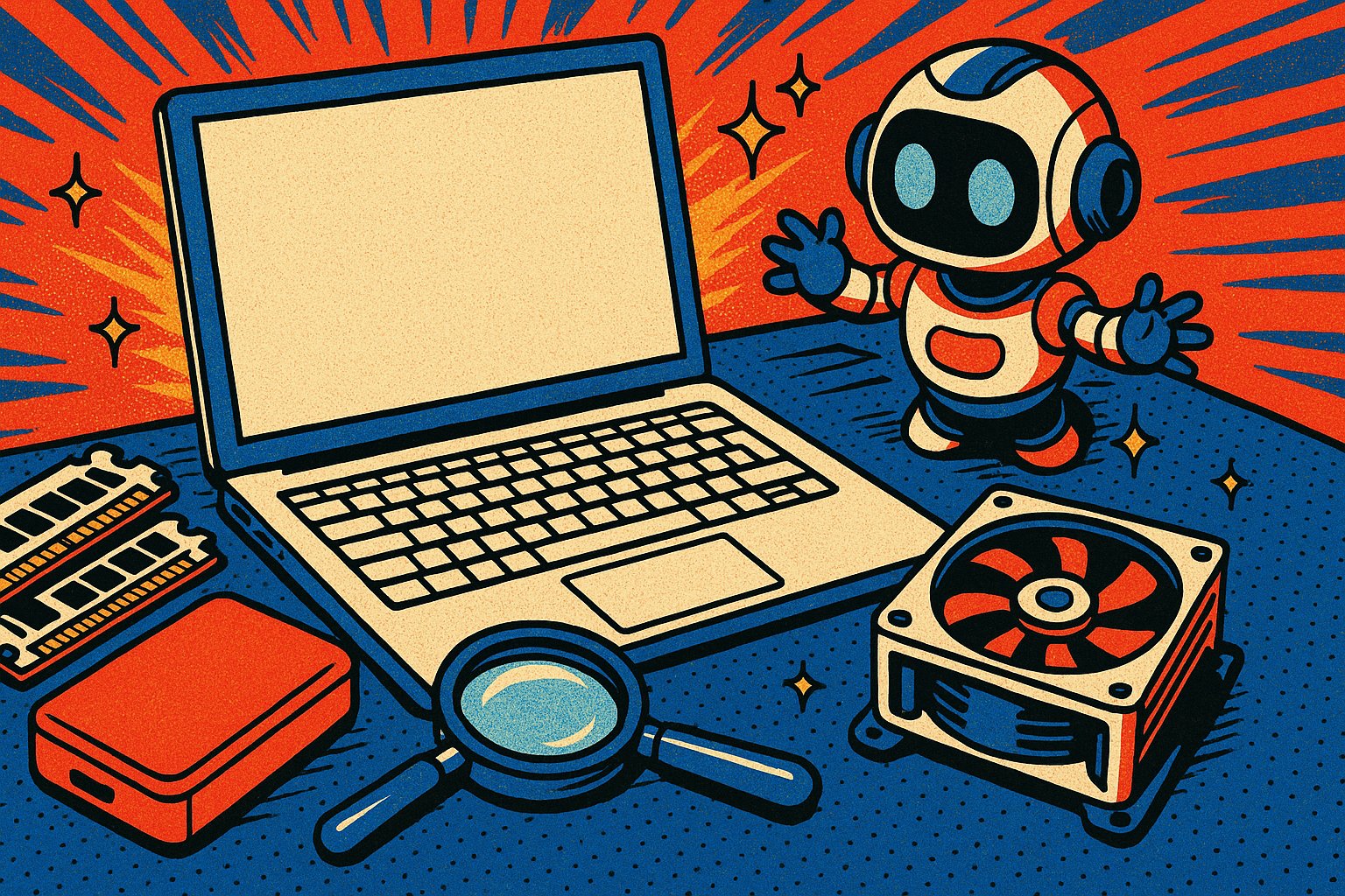 Illustration pop-art : un ordinateur portable ouvert entouré de barrettes mémoire, d'un disque dur et d'un ventilateur, un petit robot rétro penché dessus