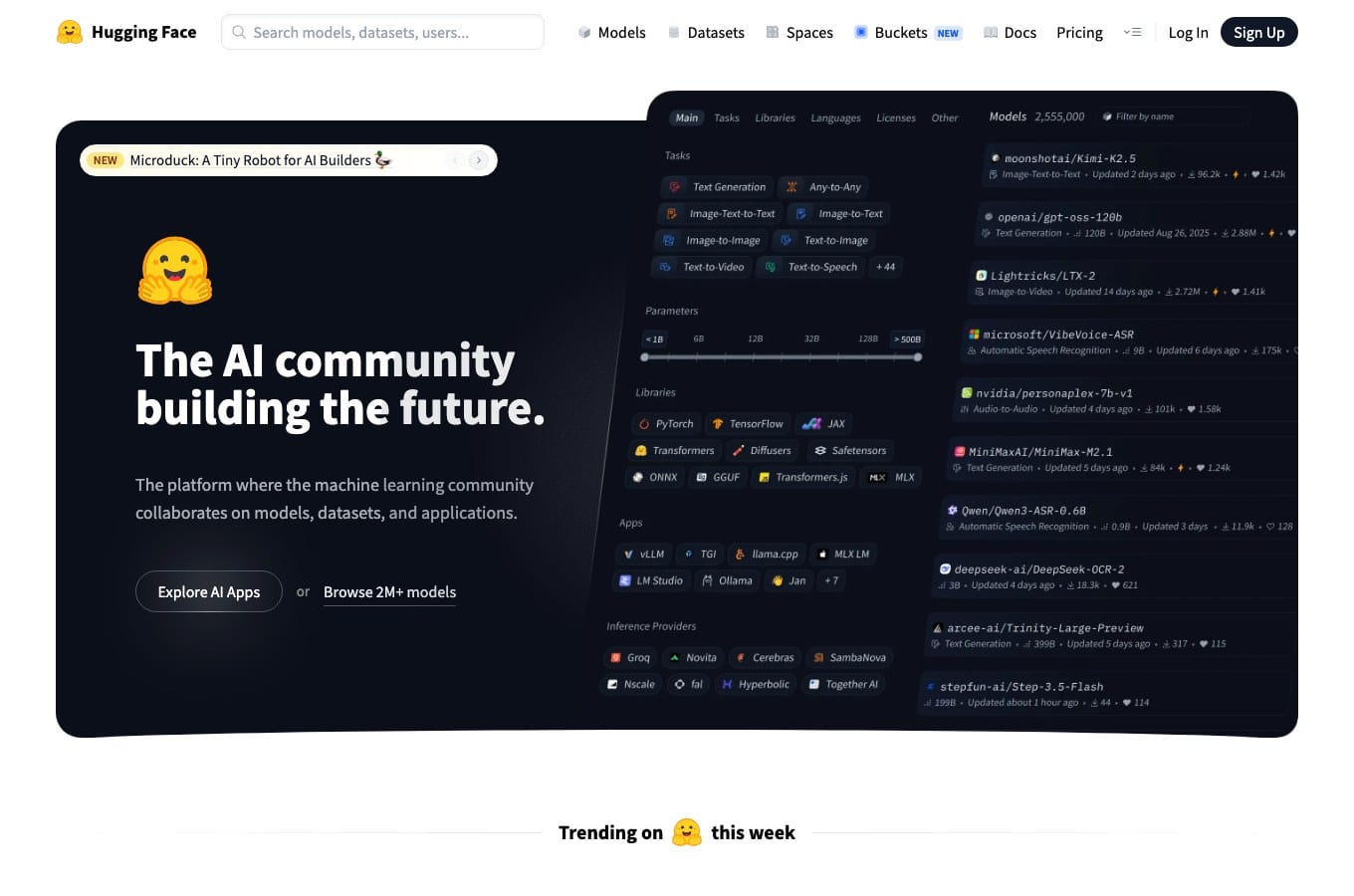 Capture de la page d'accueil de Hugging Face le 28 août 2026 : la plateforme annonce plus de 2 millions de modèles et plus de 500 000 jeux de données