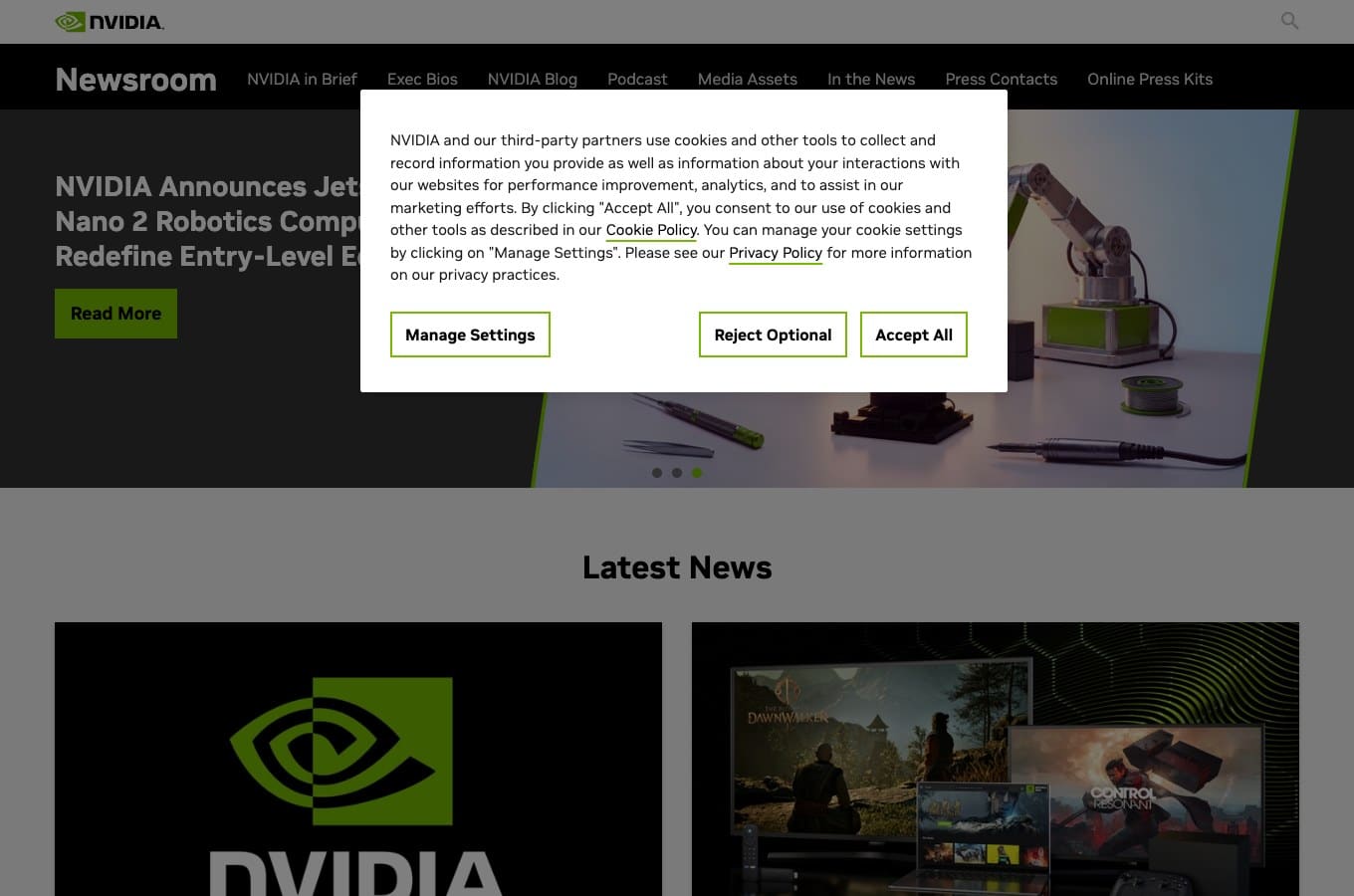 Capture de la salle de presse officielle de Nvidia le 28 août 2026 : les dépêches des 24 au 27 août ne mentionnent aucune acquisition de Hugging Face