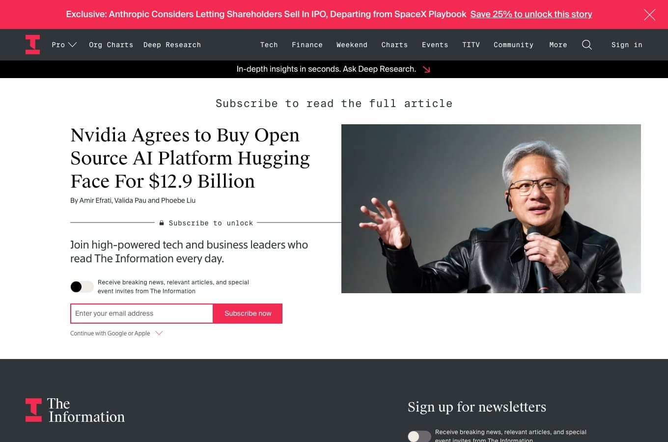 Capture d'écran de l'article de The Information du 27 août 2026 annonçant que Nvidia accepte de racheter Hugging Face pour 12,9 milliards de dollars