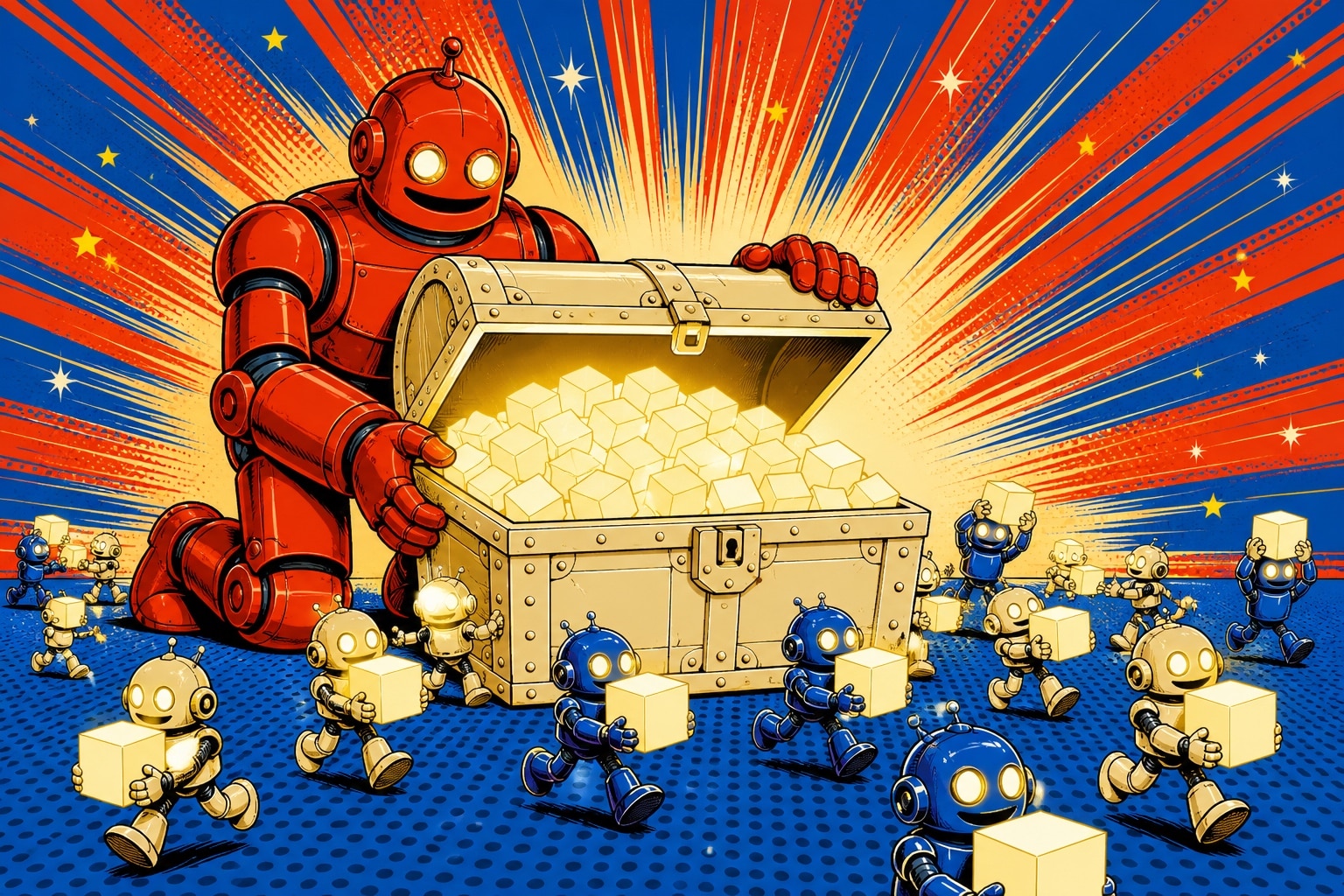 Illustration pop-art : un robot géant rouge retient ouvert un grand coffre crème rempli de cubes lumineux, que des petits robots bleus et crème emportent