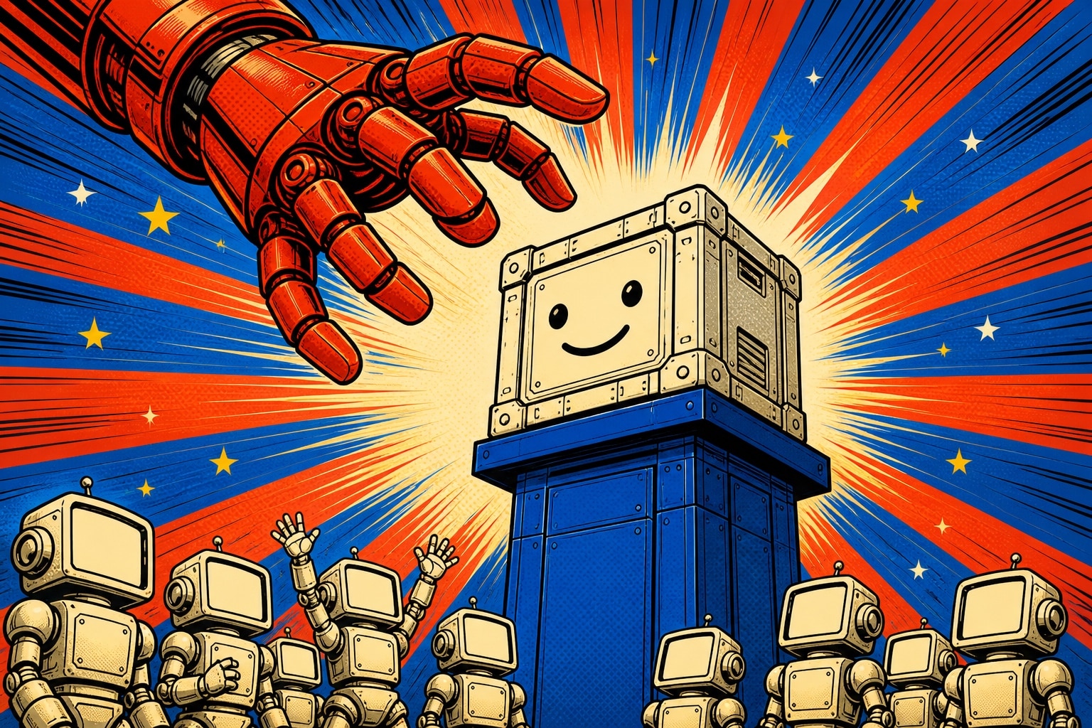 Illustration pop-art : une main géante rouge s'apprête à saisir une grande caisse crème au visage souriant posée sur un socle bleu, sous les regards d'une foule de petits robots