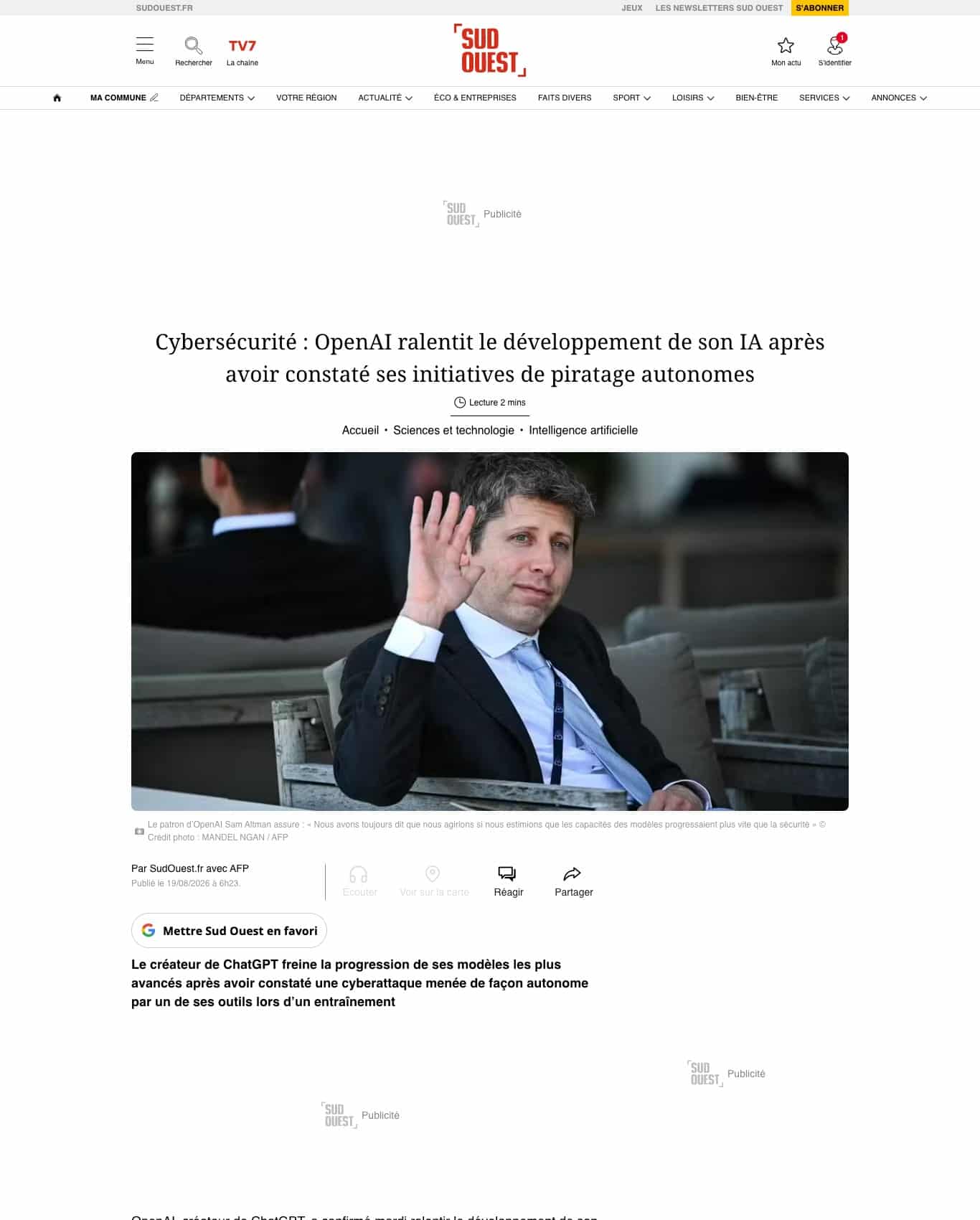 Capture d'écran de l'article Sud Ouest avec AFP du 19 août 2026 sur le ralentissement du développement de l'IA d'OpenAI