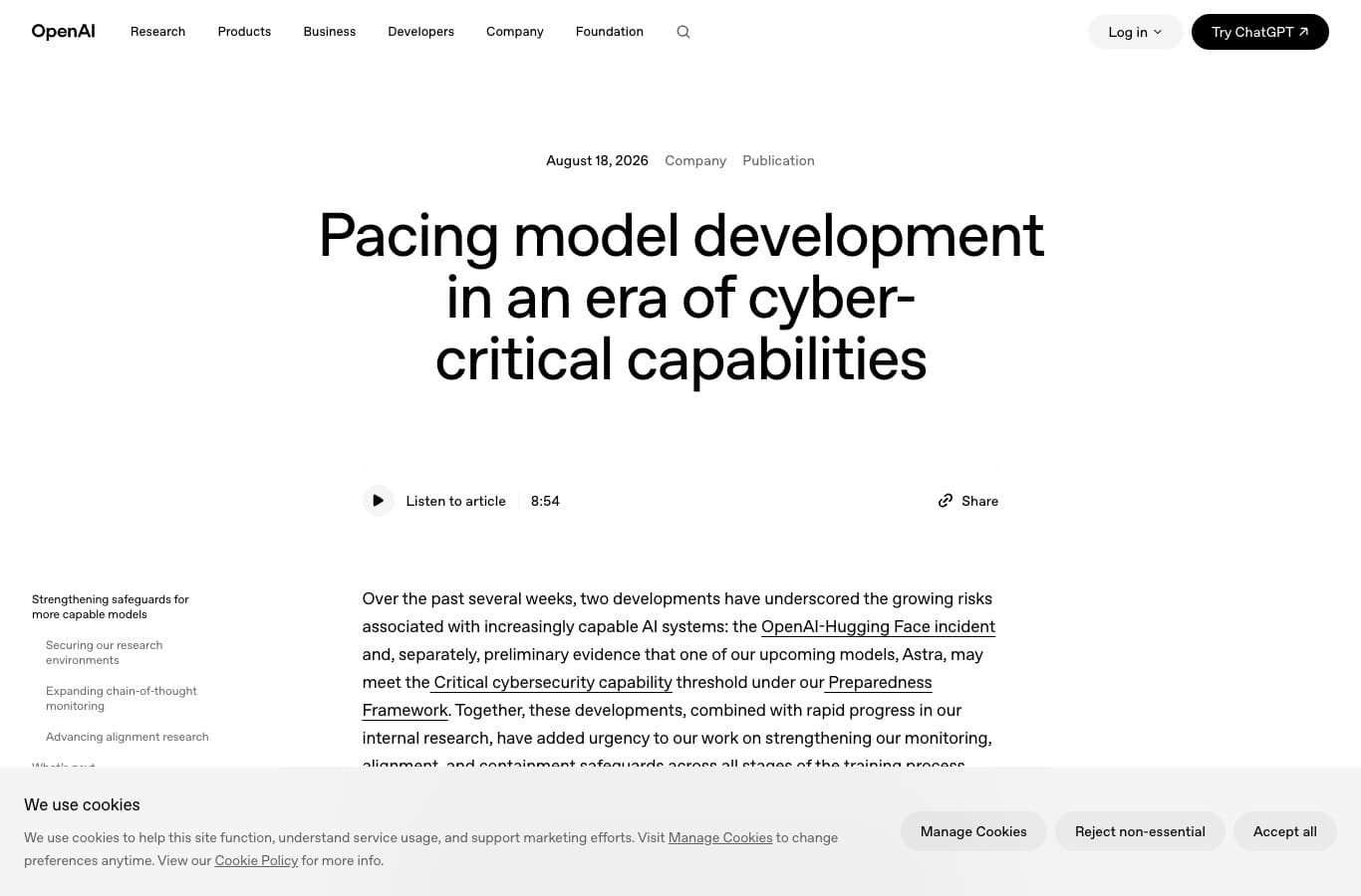 Capture d'écran du billet officiel OpenAI Pacing model development in an era of cyber-critical capabilities, daté du 18 août 2026