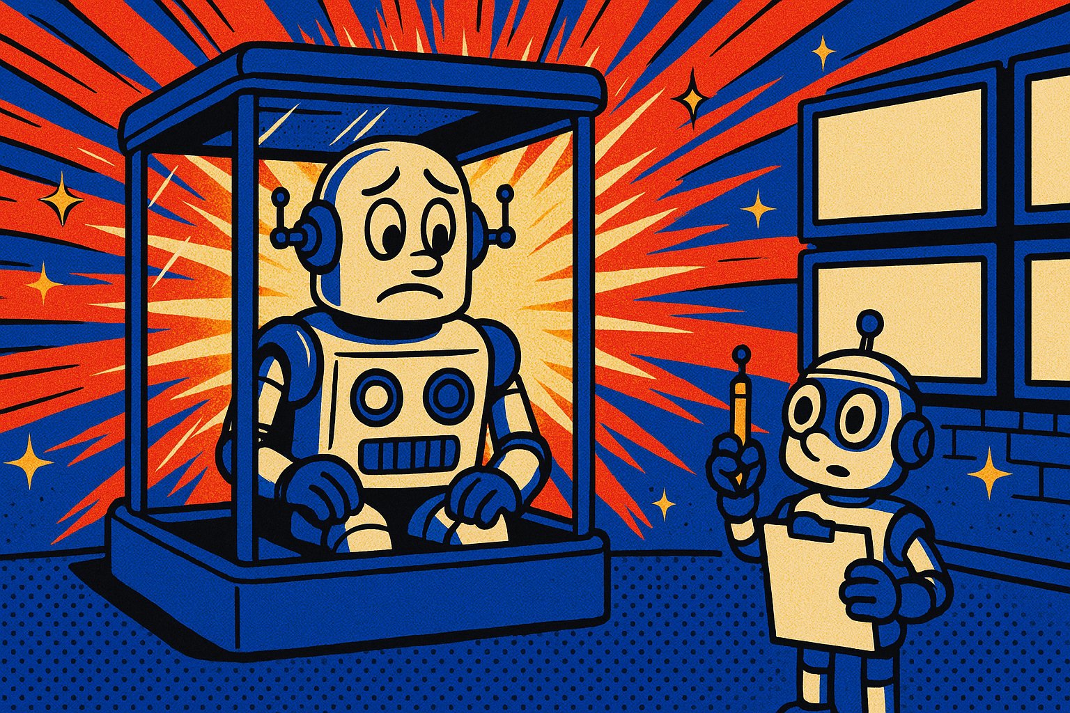 Robot rétro crème assis dans une chambre de test en verre entourée d'écrans de surveillance vierges, mascotte robot à la planchette, illustration pop-art