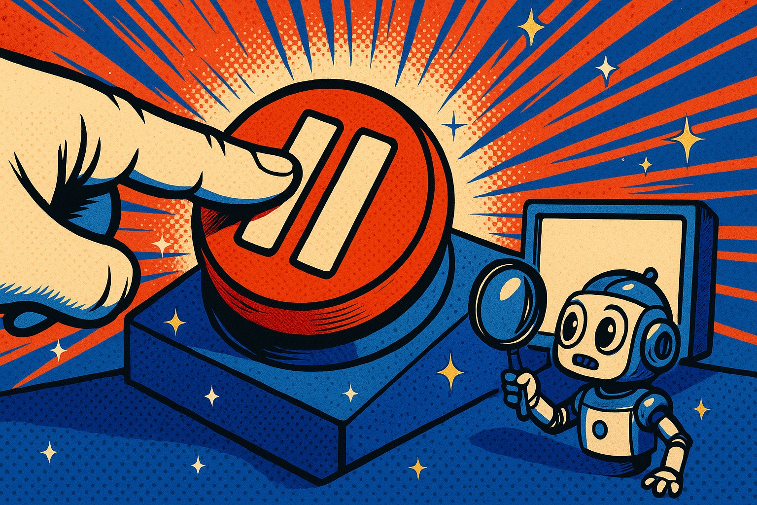 Enorme bouton pause rouge vermillon enfonce par une main gantee sur un pupitre bleu cobalt, petit robot a la loupe devant un ecran vierge, illustration pop-art
