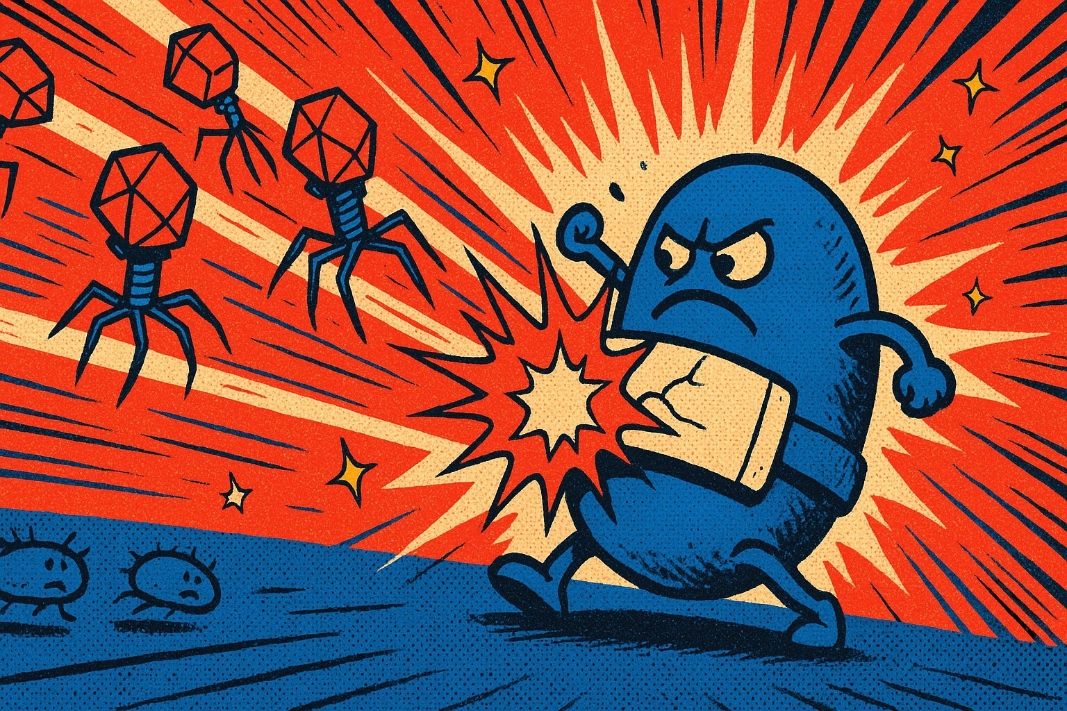 Illustration pop-art : cinq bacteriophages differents attaquent une bacterie bleue protegee par un bouclier