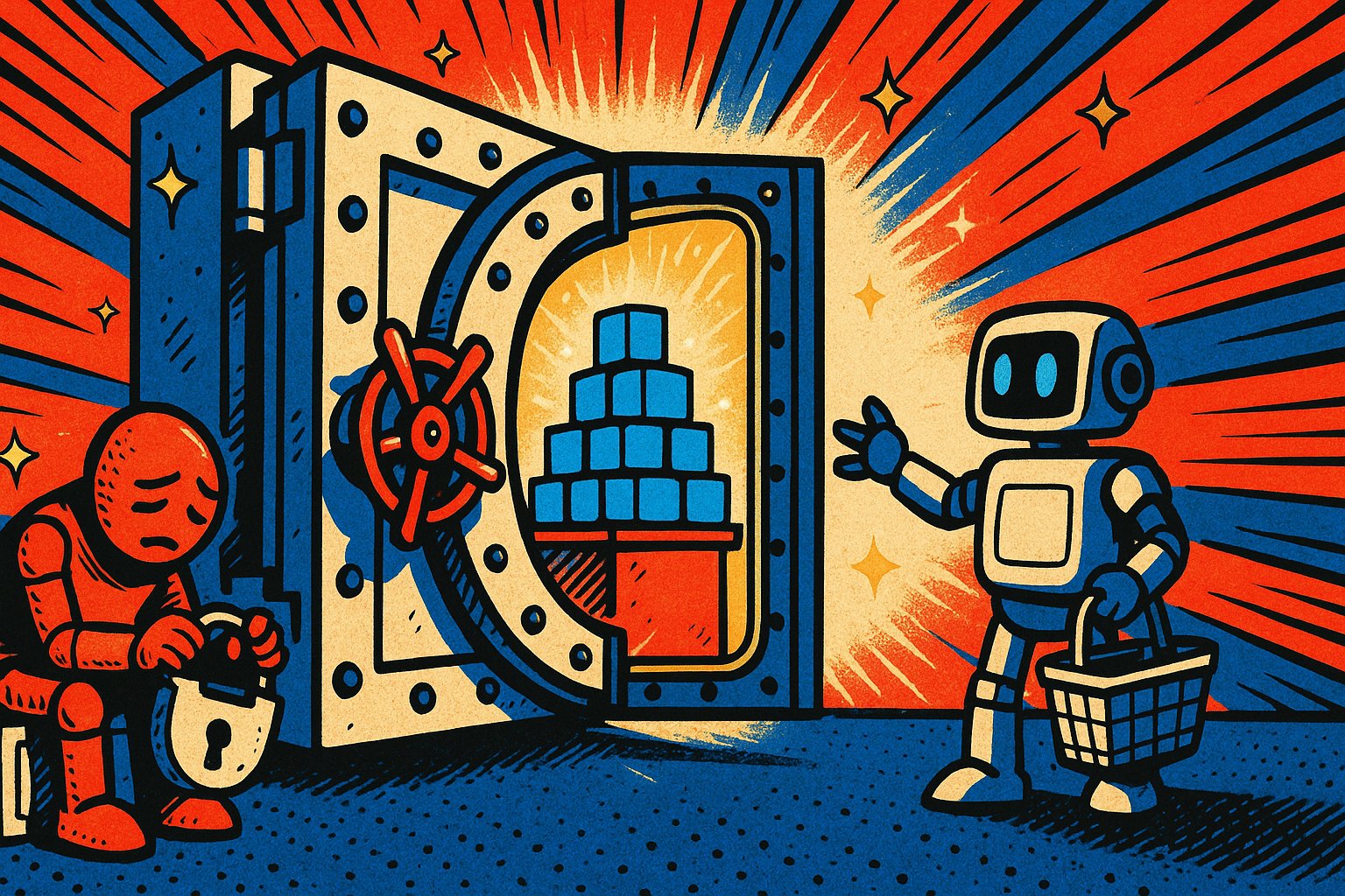Illustration pop-art : un coffre-fort ouvert laisse voir des cubes de donnees, un robot tend la main avec un panier