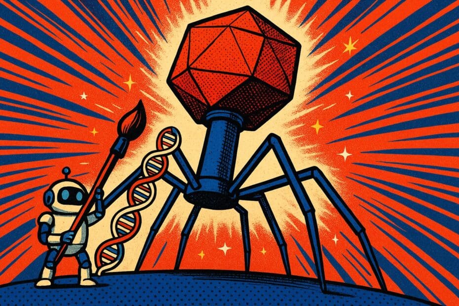 Illustration pop-art d'un bacteriophage geant dessine par un petit robot tenant un pinceau et un brin d'ADN