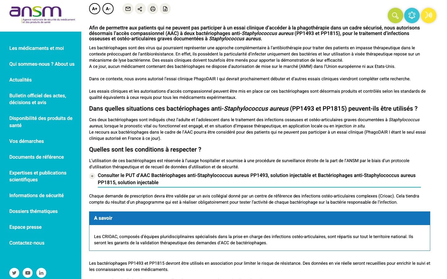 Capture de la page de l'ANSM sur l'acces compassionnel aux bacteriophages PP1493 et PP1815