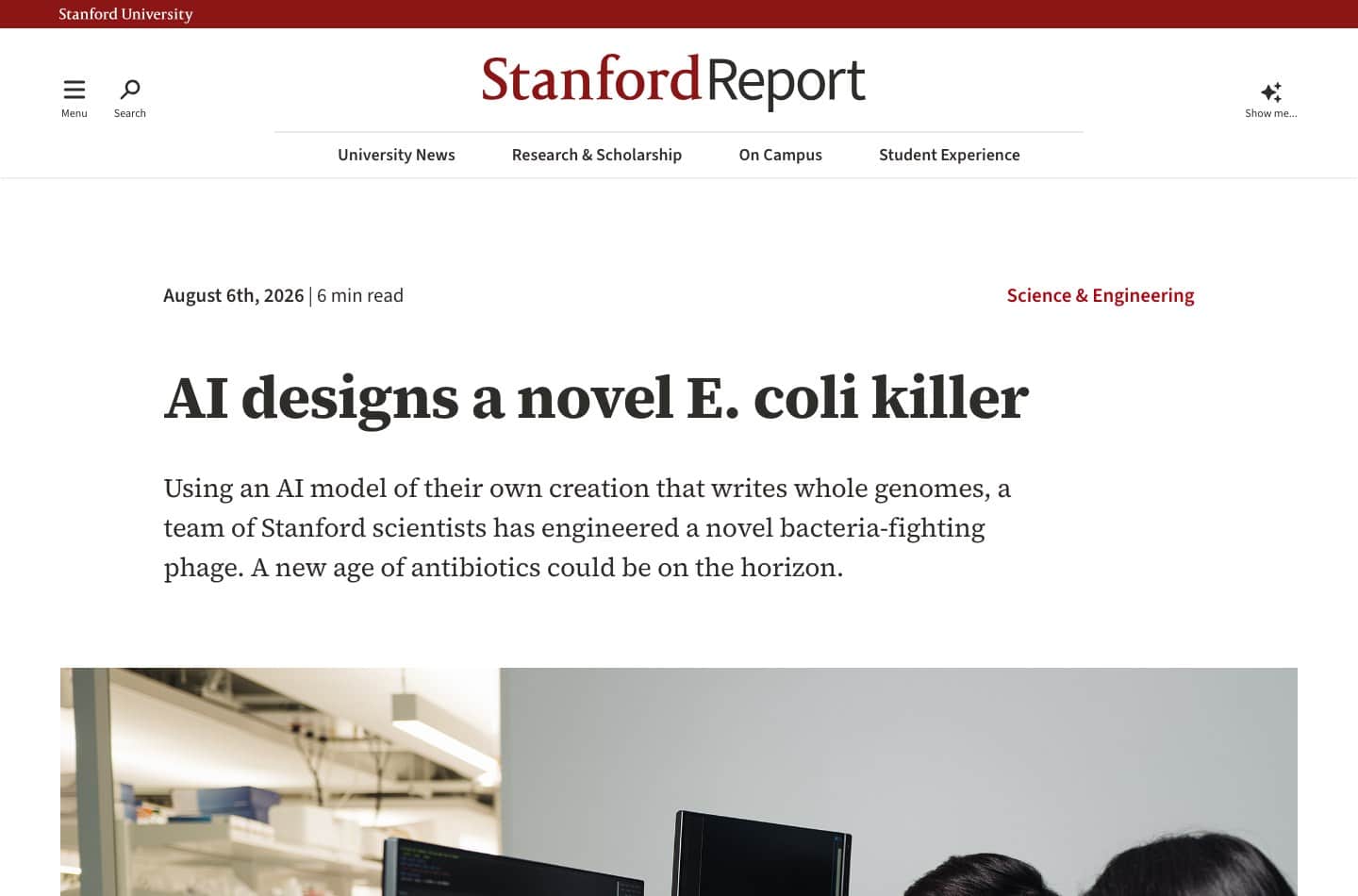 Capture du Stanford Report date du 6 aout 2026, titre AI designs a novel E. coli killer
