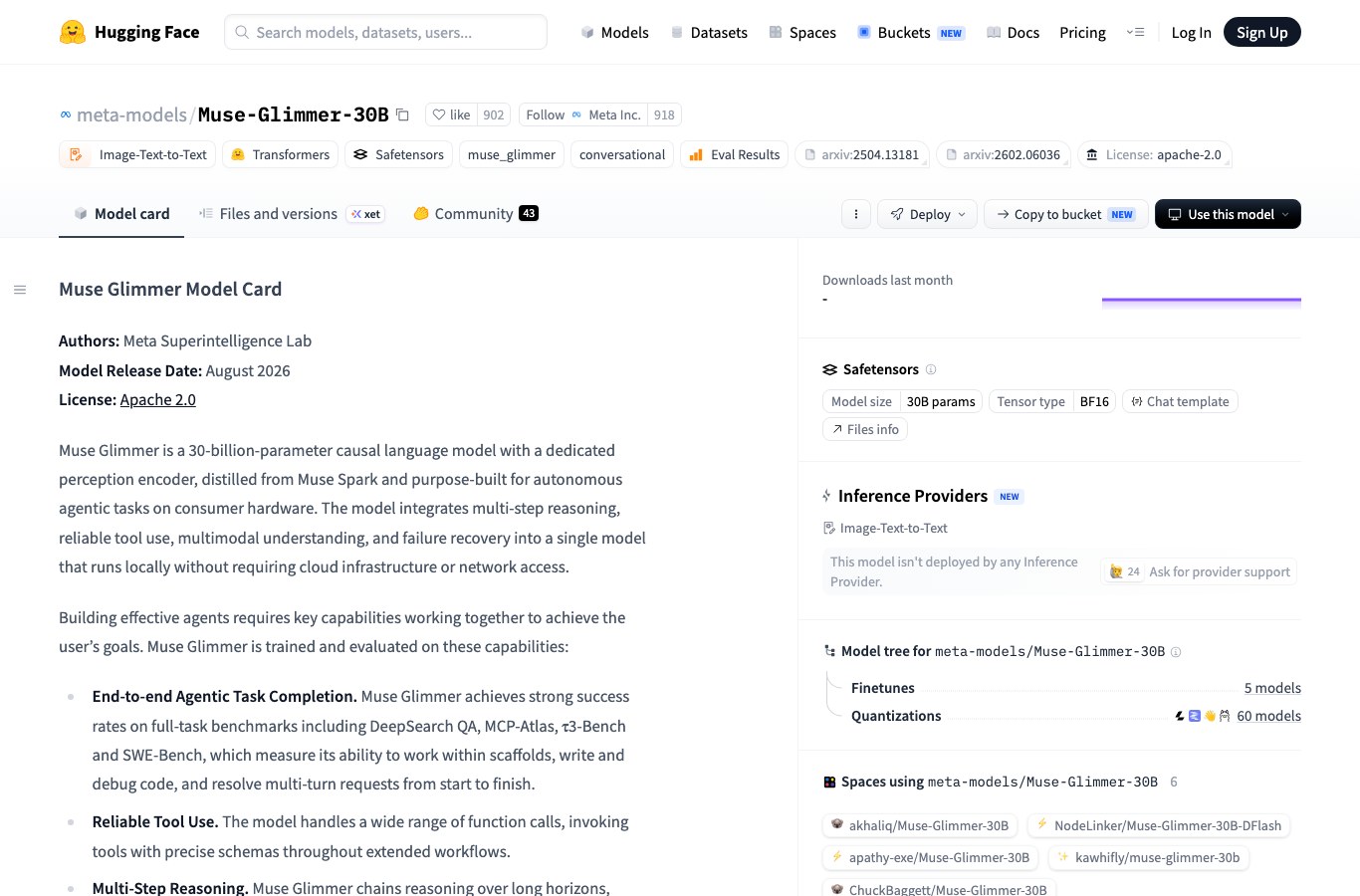 Capture d'écran de la page officielle du modèle Muse Glimmer 30B sur Hugging Face, avec la licence Apache 2.0 et le nombre de mentions J'aime
