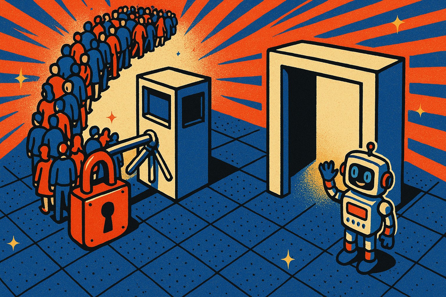 Illustration pop-art : une longue file d'attente devant un tourniquet cadenassé, et juste a cote une porte grande ouverte sans file, ou un petit robot fait signe d'entrer