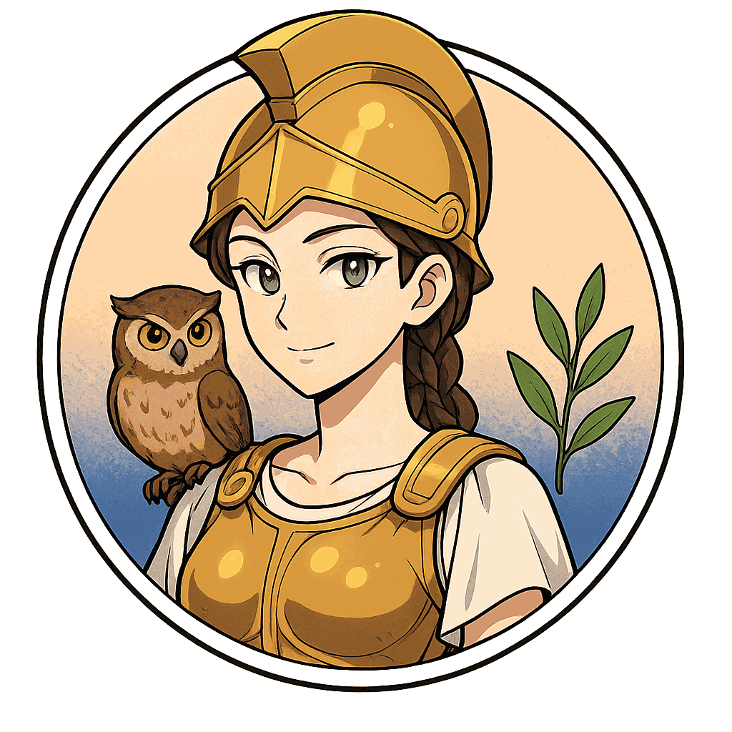 Athéna, déesse de la sagesse, personnage IA de Yiaho, portrait style manga