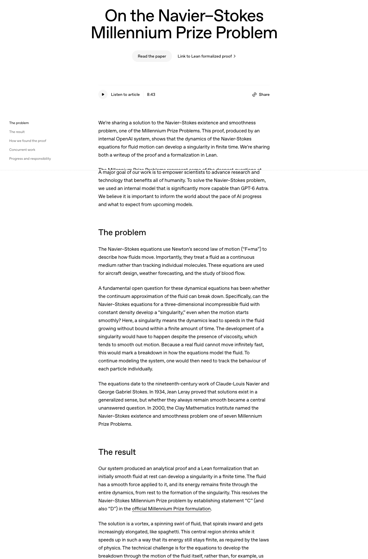 Capture du billet officiel OpenAI On the Navier-Stokes Millennium Prize Problem publie le 8 septembre 2026, avec titre, date et sommaire visibles