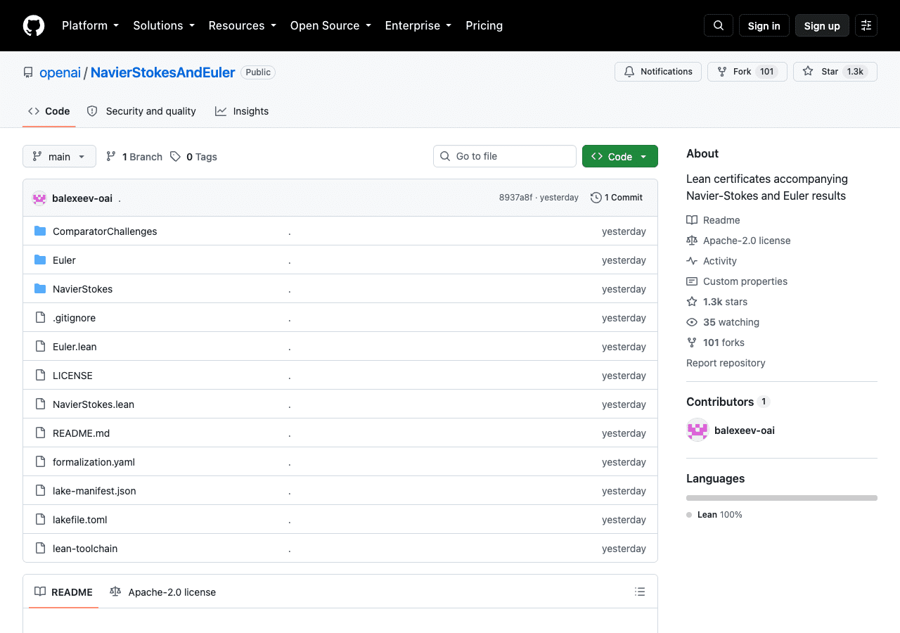 Capture du depot GitHub openai/NavierStokesAndEuler avec les fichiers Lean de la preuve Navier-Stokes et Euler