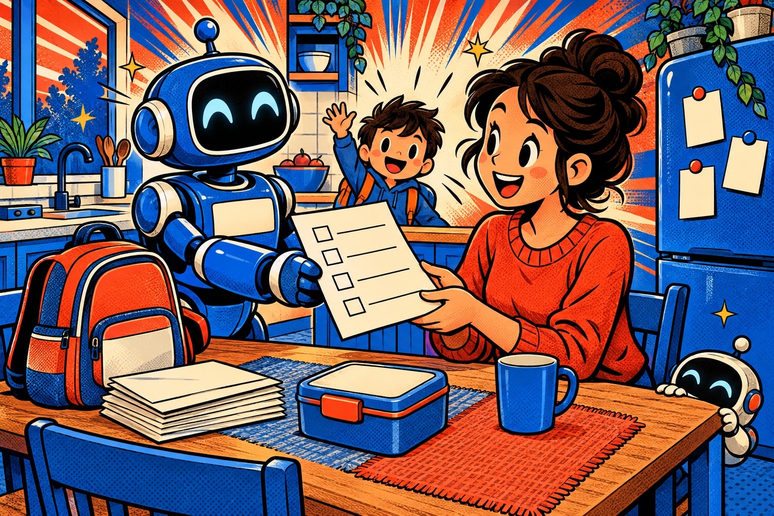 Illustration pop-art d'un robot assistant IA remettant un formulaire à cases vides à une maman dans une cuisine familiale