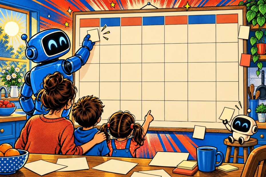 Illustration pop-art d'un planning familial géant rempli par un robot assistant IA devant une mère et ses deux enfants