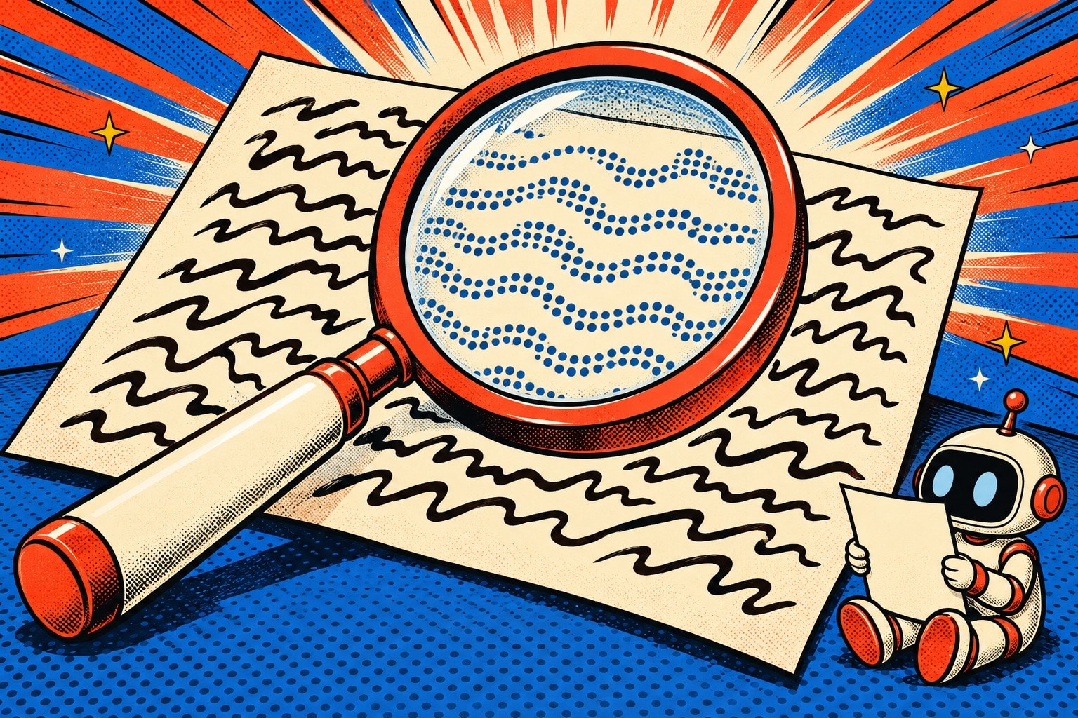 Illustration pop-art d'une loupe géante révélant par une trame de points l'origine artificielle d'un texte, comparatif des détecteurs de contenu IA 2026