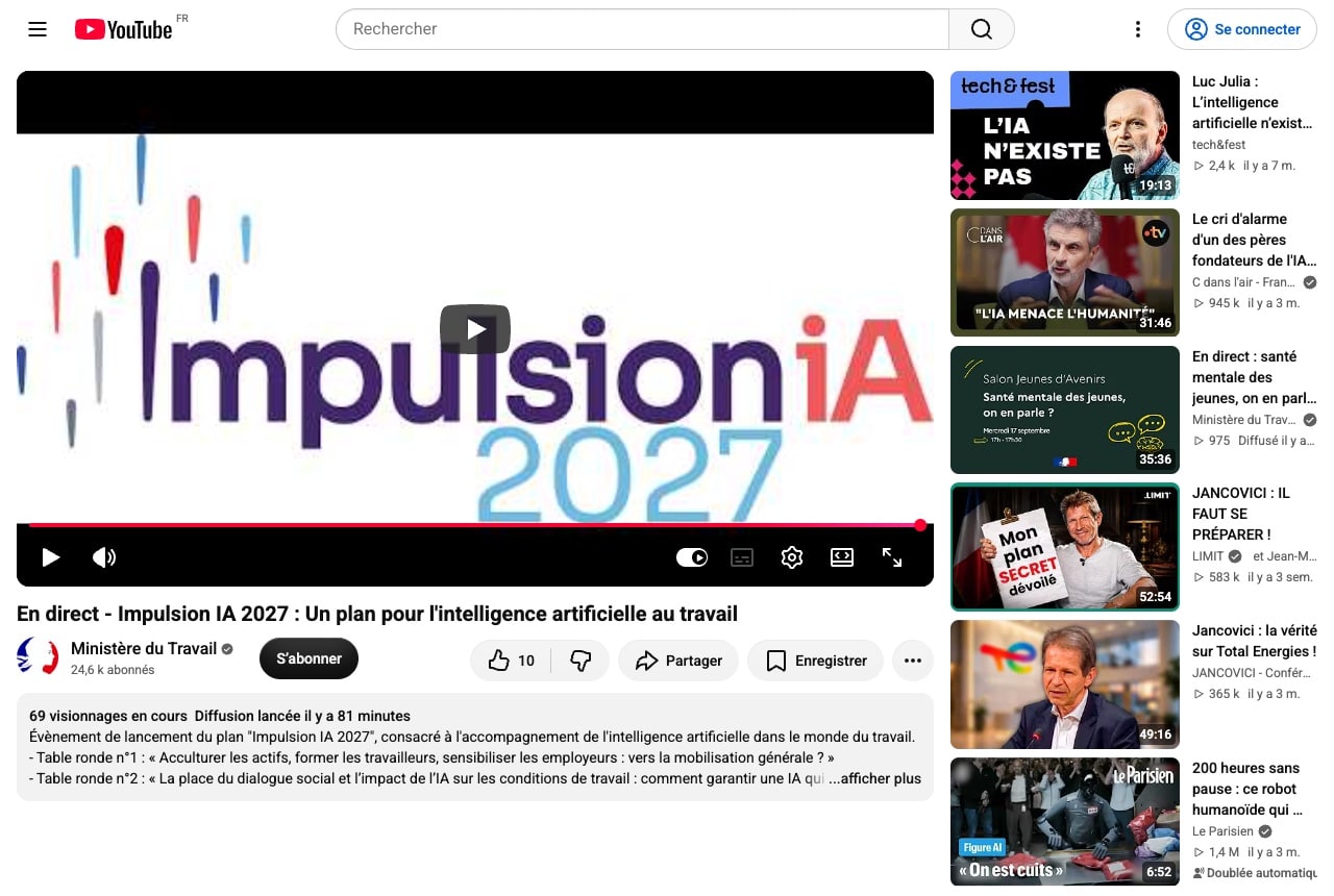 Capture de la page YouTube du direct officiel du ministère du Travail diffusant l'événement de lancement du plan Impulsion IA 2027 le 22 septembre 2026