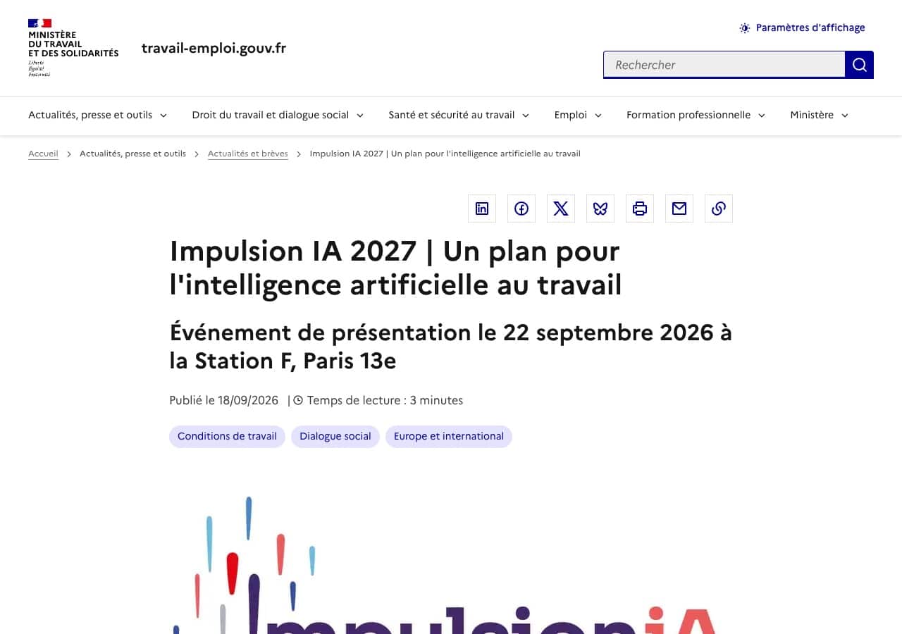 Capture de la page officielle du ministère du Travail présentant le plan Impulsion IA 2027, page publiée le 18 septembre 2026 et consultée le 22 septembre 2026