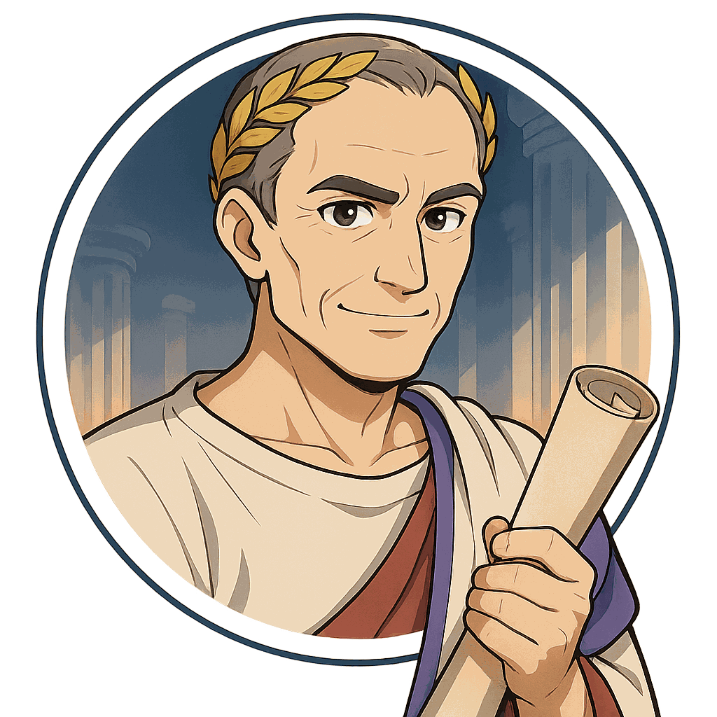 Jules César, général et dictateur de Rome, personnage IA de Yiaho, portrait style manga