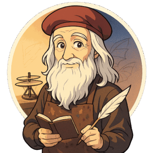 Léonard de Vinci, génie de la Renaissance, personnage IA de Yiaho, portrait style manga