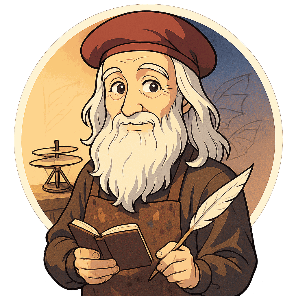 Léonard de Vinci, génie de la Renaissance, personnage IA de Yiaho, portrait style manga