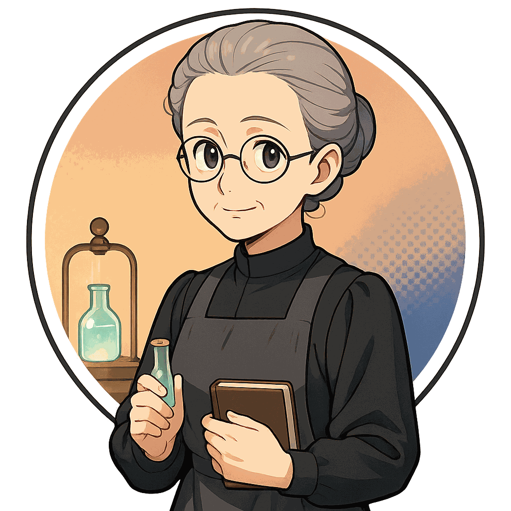 Marie Curie, physicienne, personnage IA de Yiaho, portrait style manga