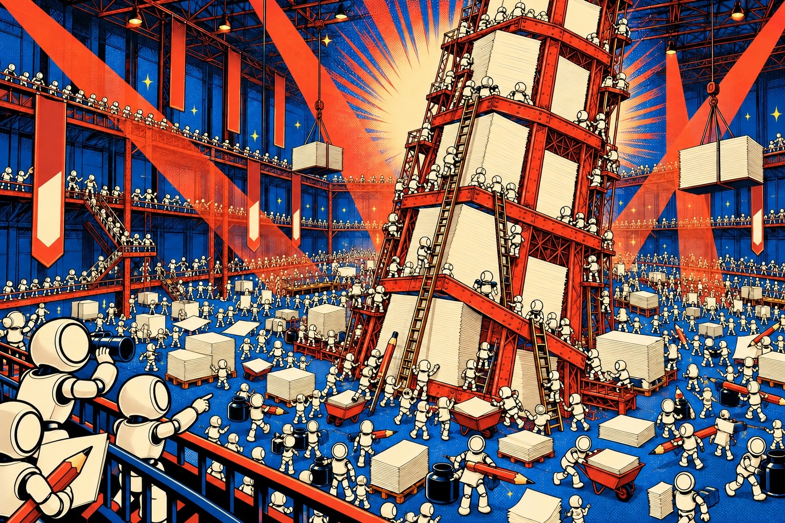 Illustration pop-art d'une armee de petits robots construisant une tour colossale de feuilles et poutrelles rouges dans un immense hall aux projecteurs