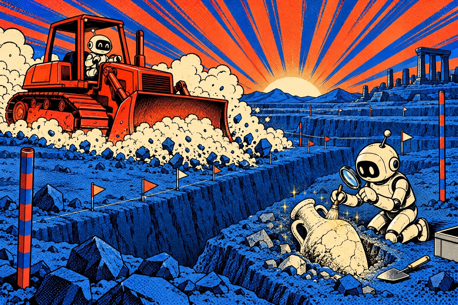 Illustration pop-art d'un chantier de fouille archeologique : un bulldozer rouge creuse une tranchee pendant qu'un robot archeologue degage une amphore au pinceau