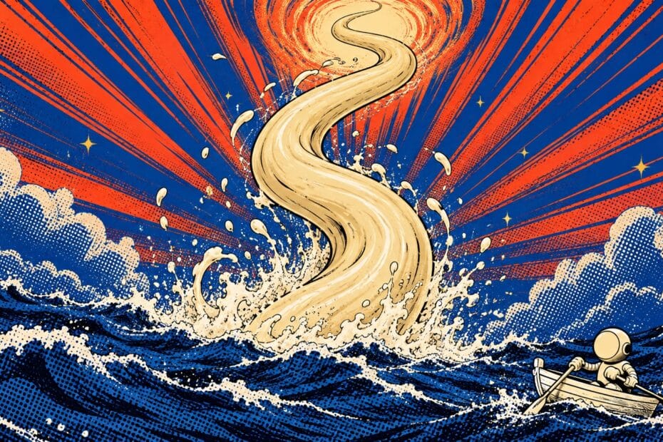 Illustration pop-art d'un tourbillon de liquide creme s'elevant en une colonne tordue au-dessus d'une mer bleu cobalt, robot mascotte ramant dans une petite barque