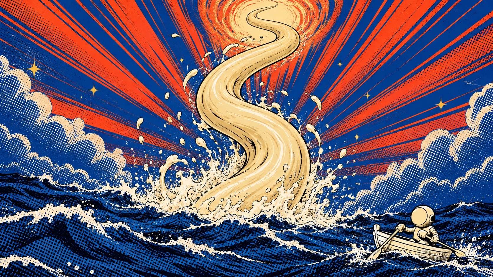 Illustration pop-art d'un tourbillon de liquide creme s'elevant en une colonne tordue au-dessus d'une mer bleu cobalt, robot mascotte ramant dans une petite barque