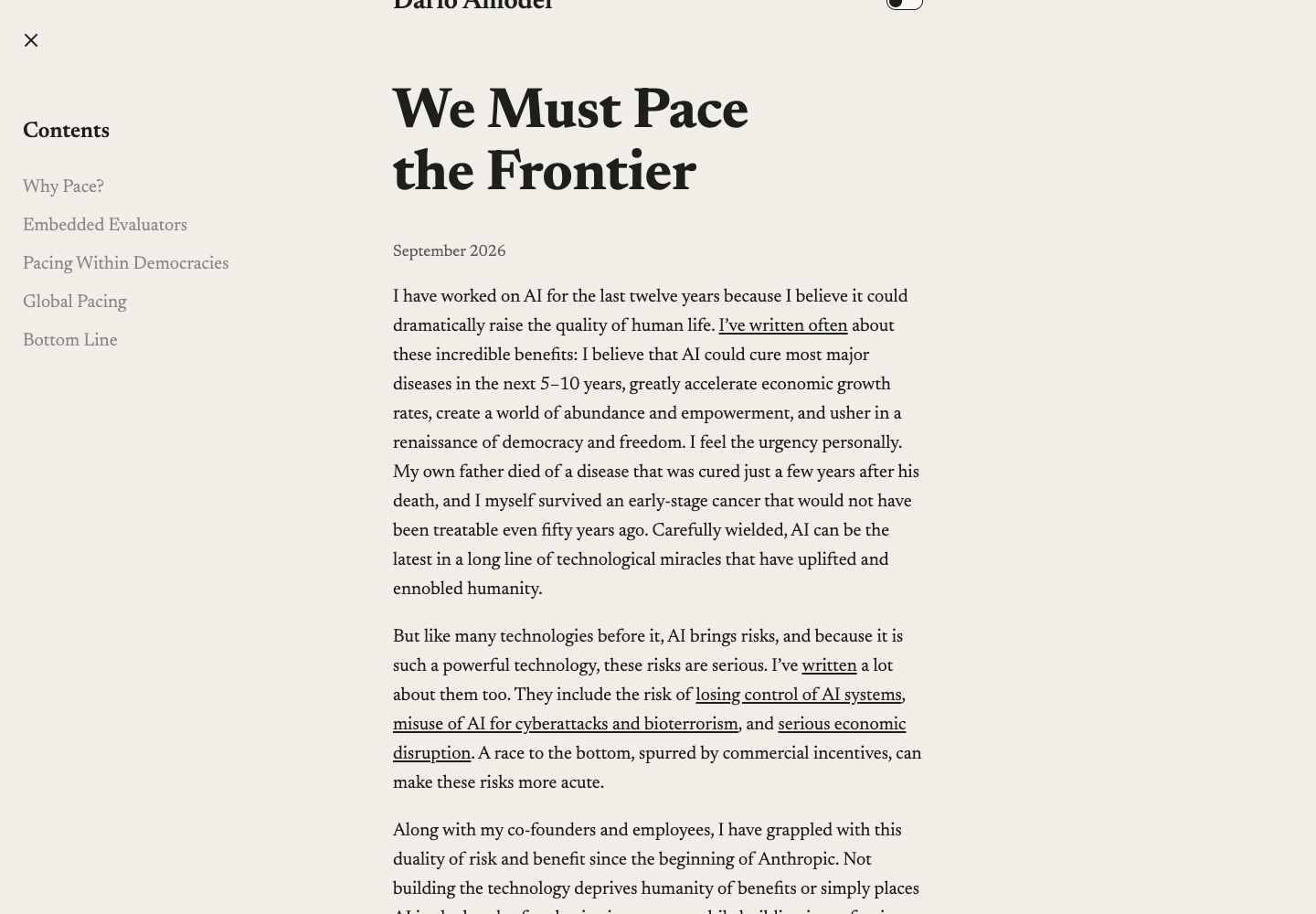 Capture de l essai We Must Pace the Frontier de Dario Amodei sur darioamodei.com, consulte le 16 septembre 2026