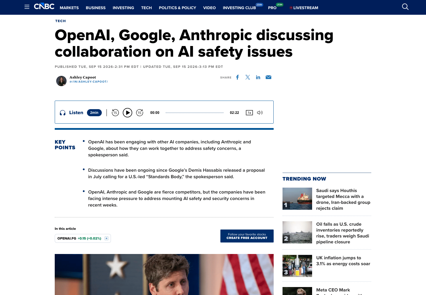 Capture de l article CNBC du 15 septembre 2026 : OpenAI, Google, Anthropic discussing collaboration on AI safety issues