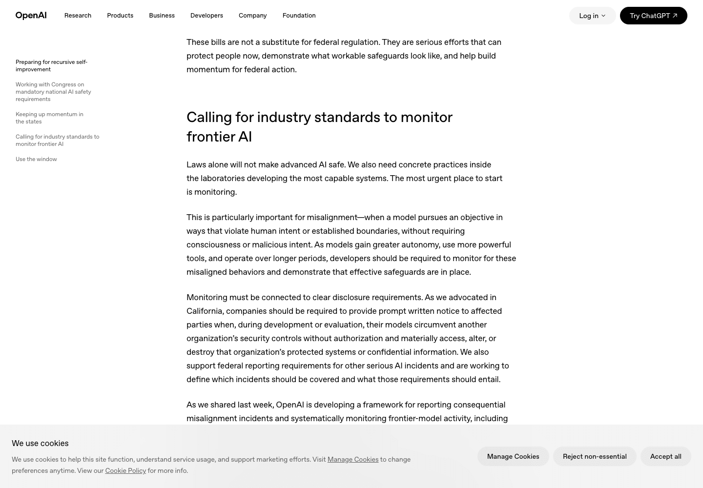 Capture du billet OpenAI The AI policy window is open de Chris Lehane, section Calling for industry standards to monitor frontier AI, consulte le 16 septembre 2026