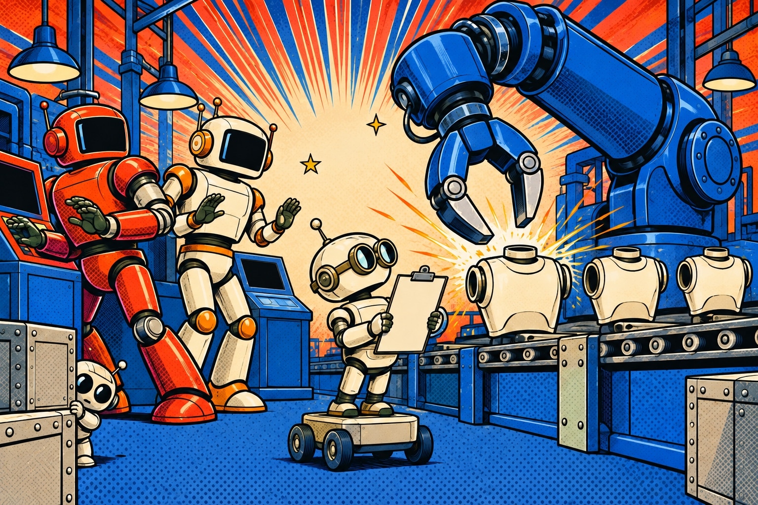 Illustration pop-art : un petit robot inspecteur a presse-papiers audite un bras robotique geant dans un laboratoire, pendant que deux robots reculent pour le laisser passer