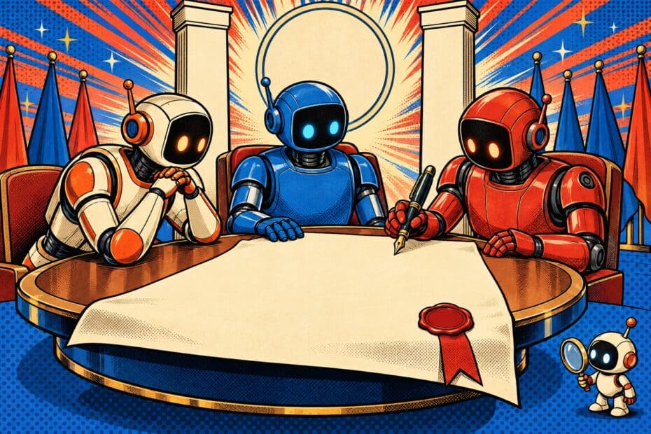 Trois robots retro signent un traite de securite commun, illustration pop-art
