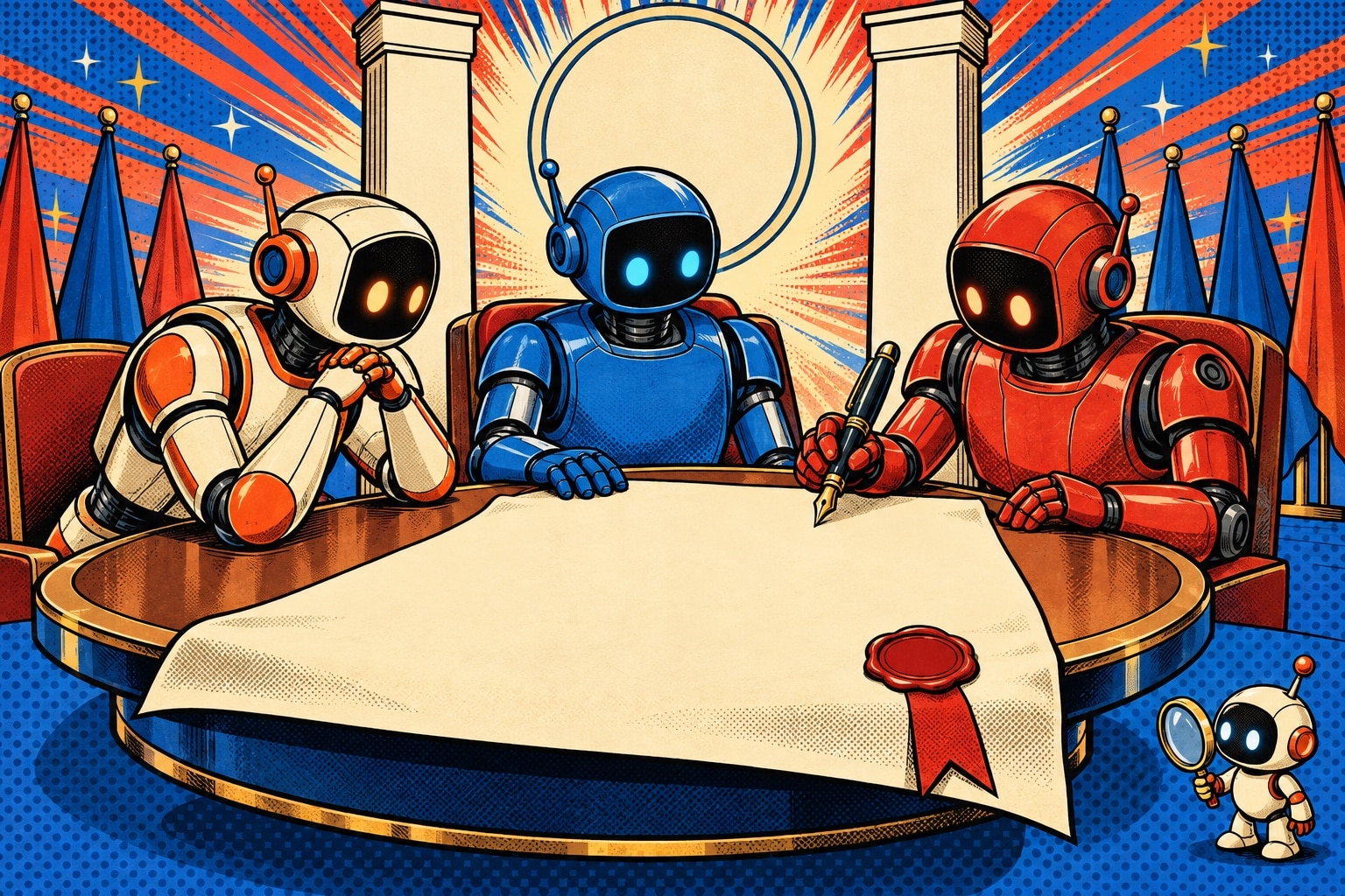 Trois robots retro signent un traite de securite commun, illustration pop-art