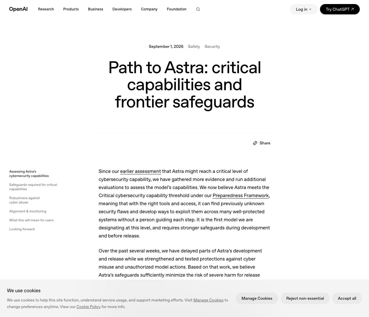 Capture du billet officiel d'OpenAI « Path to Astra » daté du 1er septembre 2026