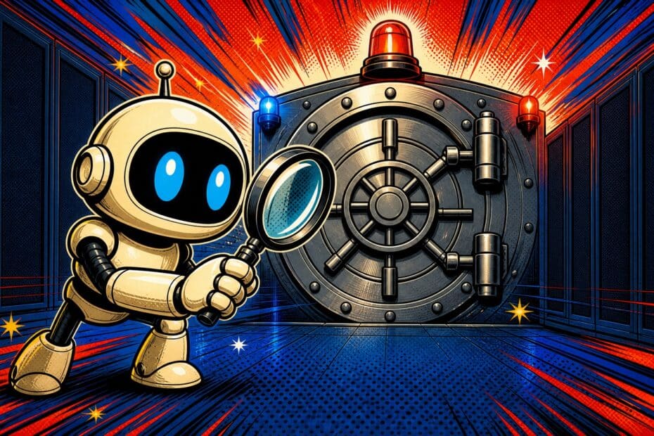 Illustration pop-art d'un robot inspectant à la loupe une porte blindée dans un centre de données