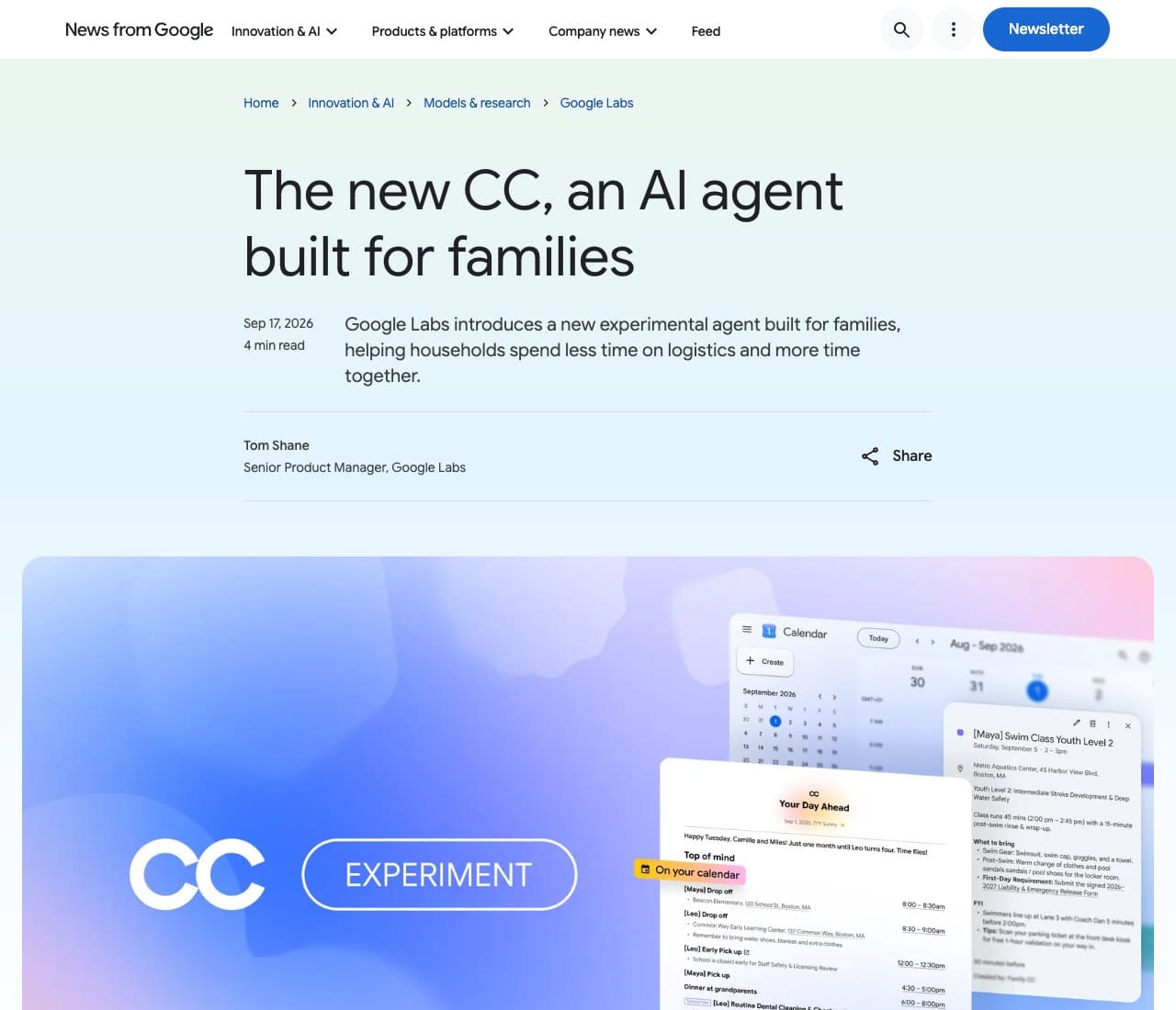 Capture du billet officiel de Google du 17 septembre 2026 annonçant CC, un agent IA construit pour les familles