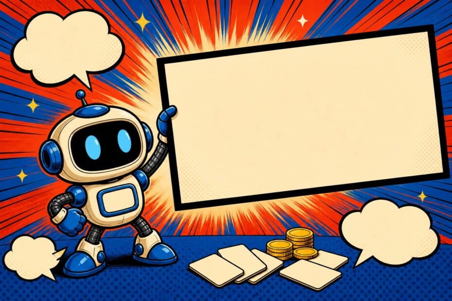 Illustration pop-art : robot de BD tenant un panneau publicitaire vierge entoure de pieces d'or, pour l'annonce des un milliard de dollars de revenus annualises de ChatGPT Ads