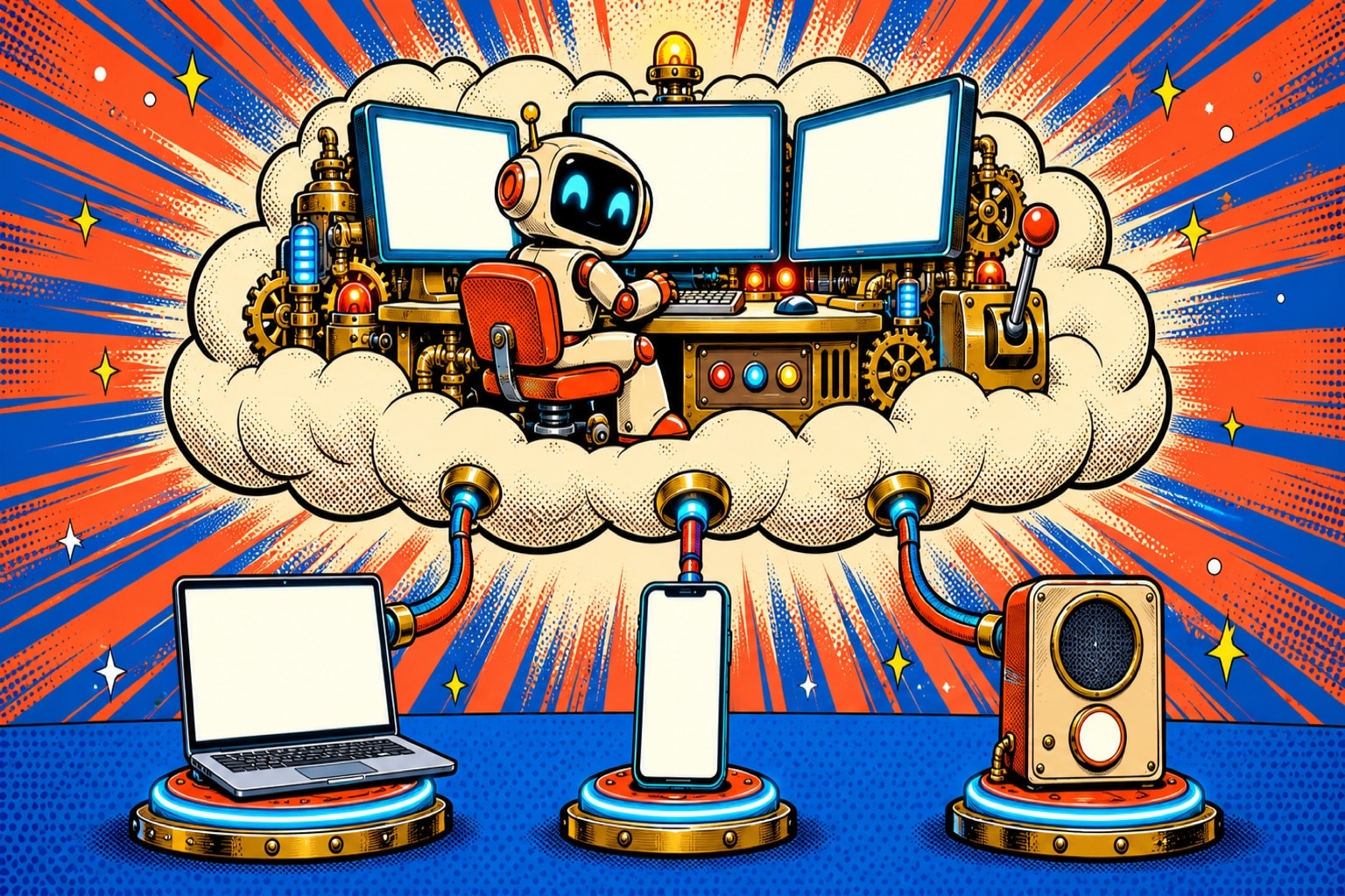 Illustration pop-art : le poste de travail du dot dans le nuage, relié à un ordinateur portable, un téléphone et une enceinte