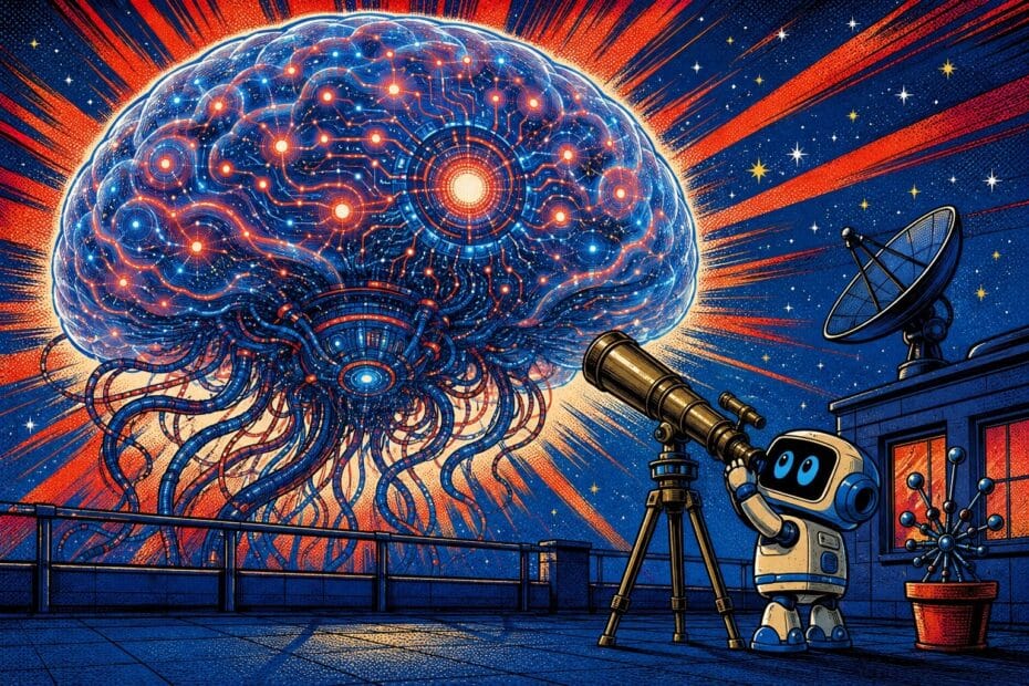Illustration pop-art d'un esprit alien géant fait de circuits rouges et bleus dominant un ciel étoilé, observé par un petit robot au télescope depuis un toit