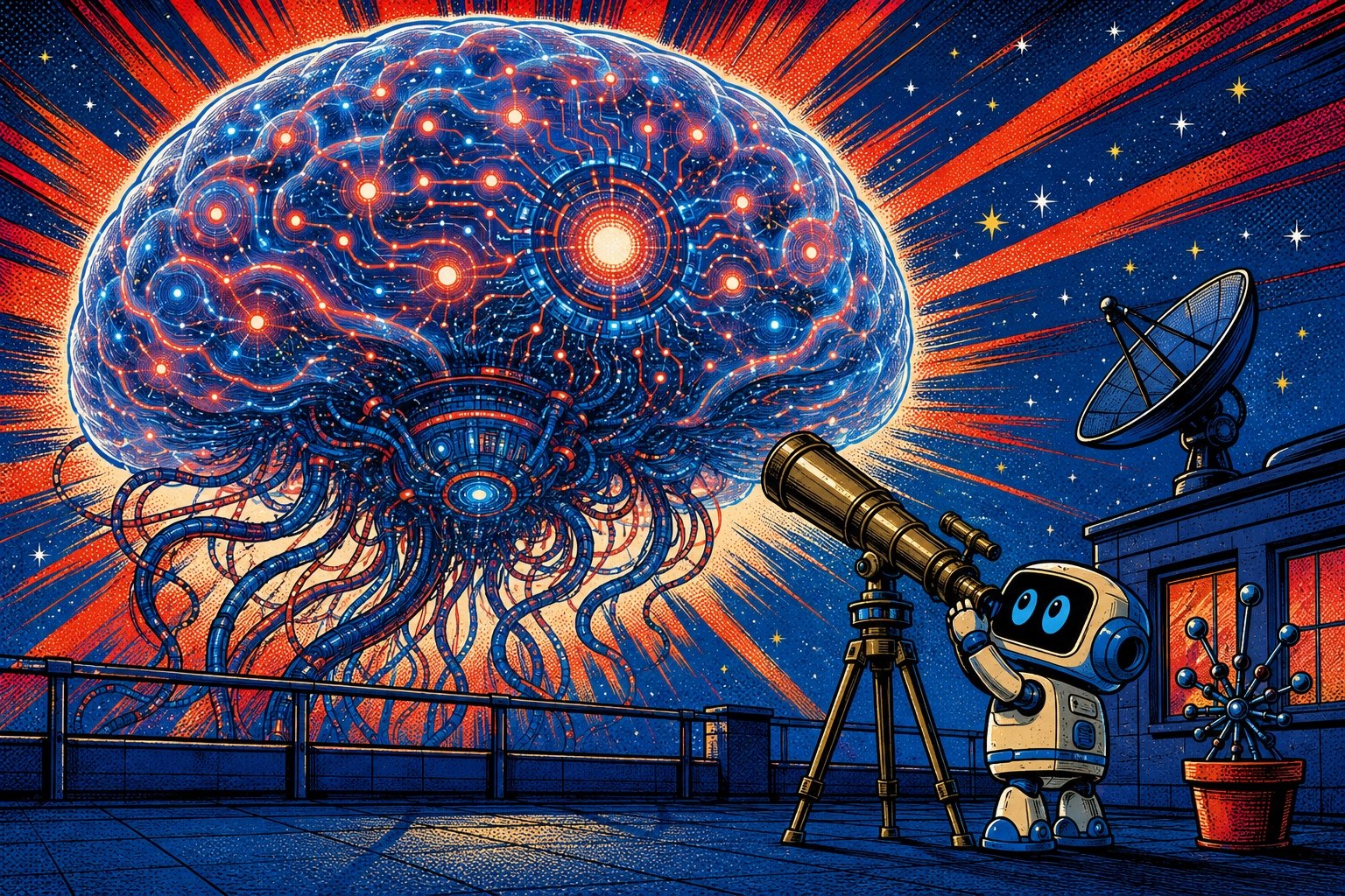 Illustration pop-art d'un esprit alien géant fait de circuits rouges et bleus dominant un ciel étoilé, observé par un petit robot au télescope depuis un toit