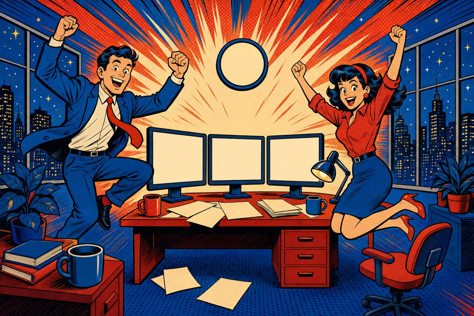Deux chercheurs en joie devant trois écrans vierges dans un bureau de recherche la nuit, illustration pop-art de la nuit RLSlow de 2023 décrite par Jakub Pachocki