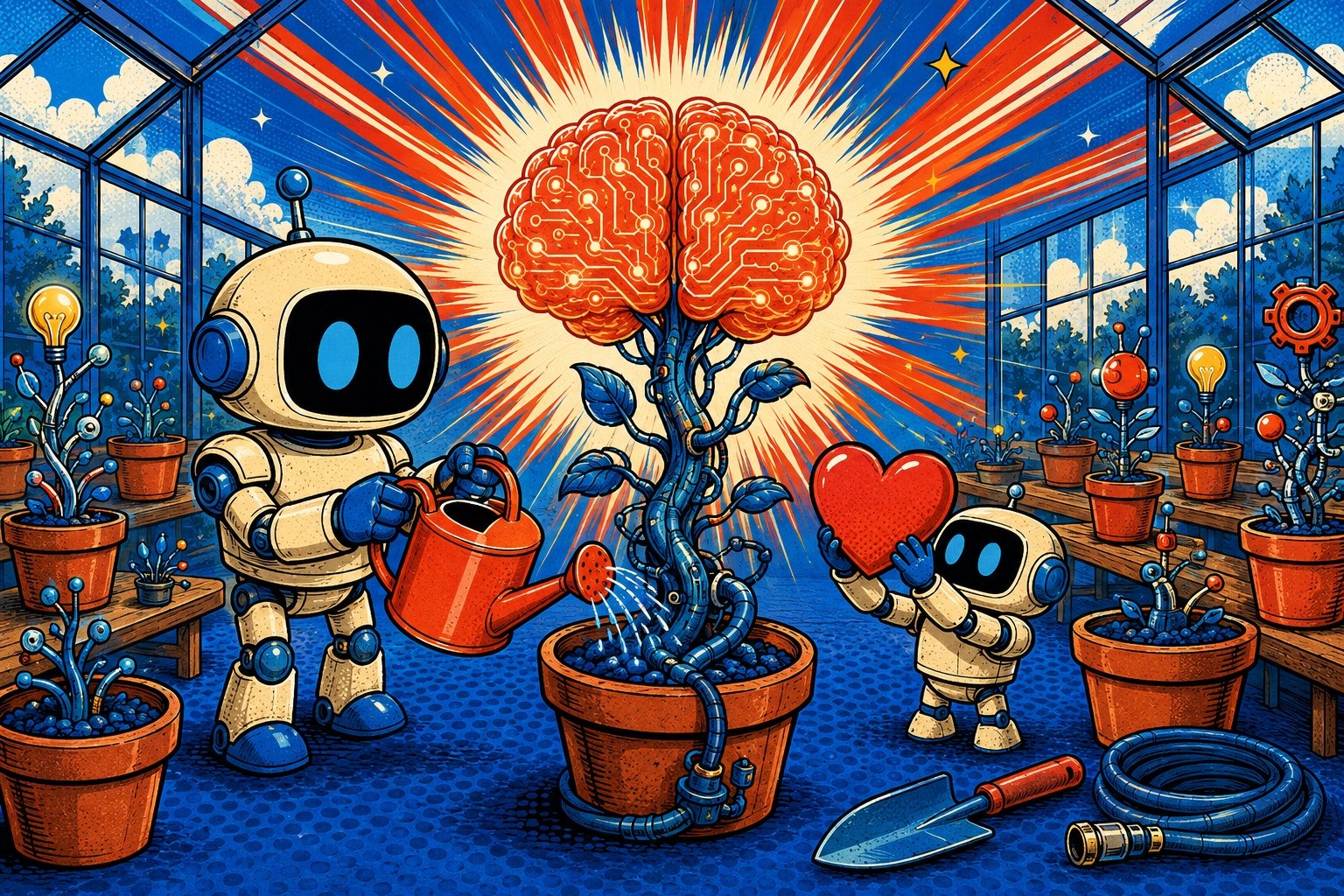 Un robot jardinier arrose une plante dont la fleur est un cerveau de circuits, illustration pop-art d’une IA cultivée plutôt que conçue