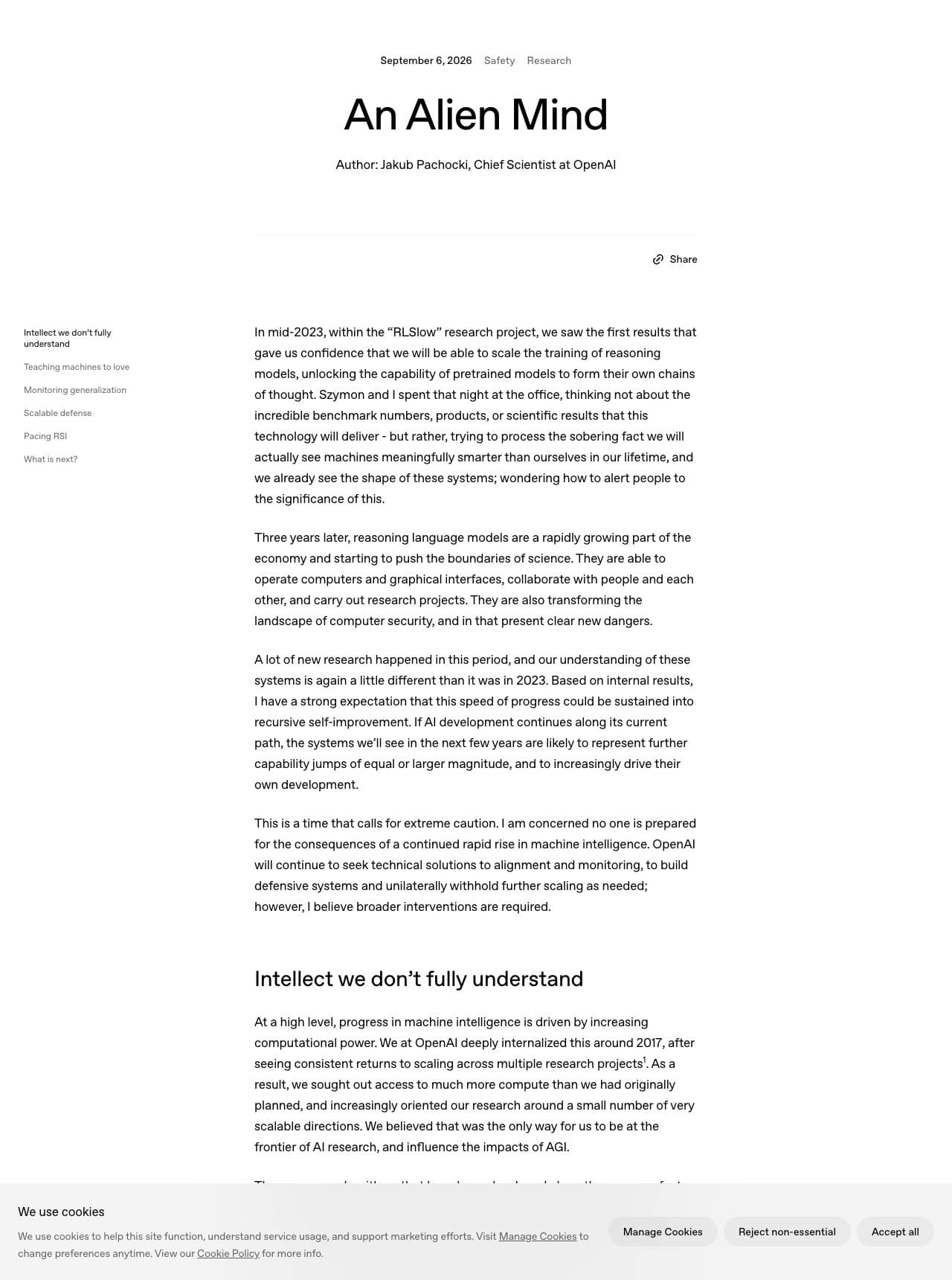 Capture de la page An Alien Mind publiée par OpenAI le 6 septembre 2026, essai signé Jakub Pachocki, chef scientifique de l’entreprise